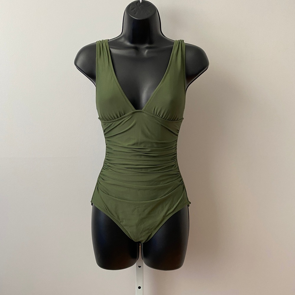 J. Crew Size 2 Olive Green One Piece Swimsuit Ruched V-Neck Swimwear